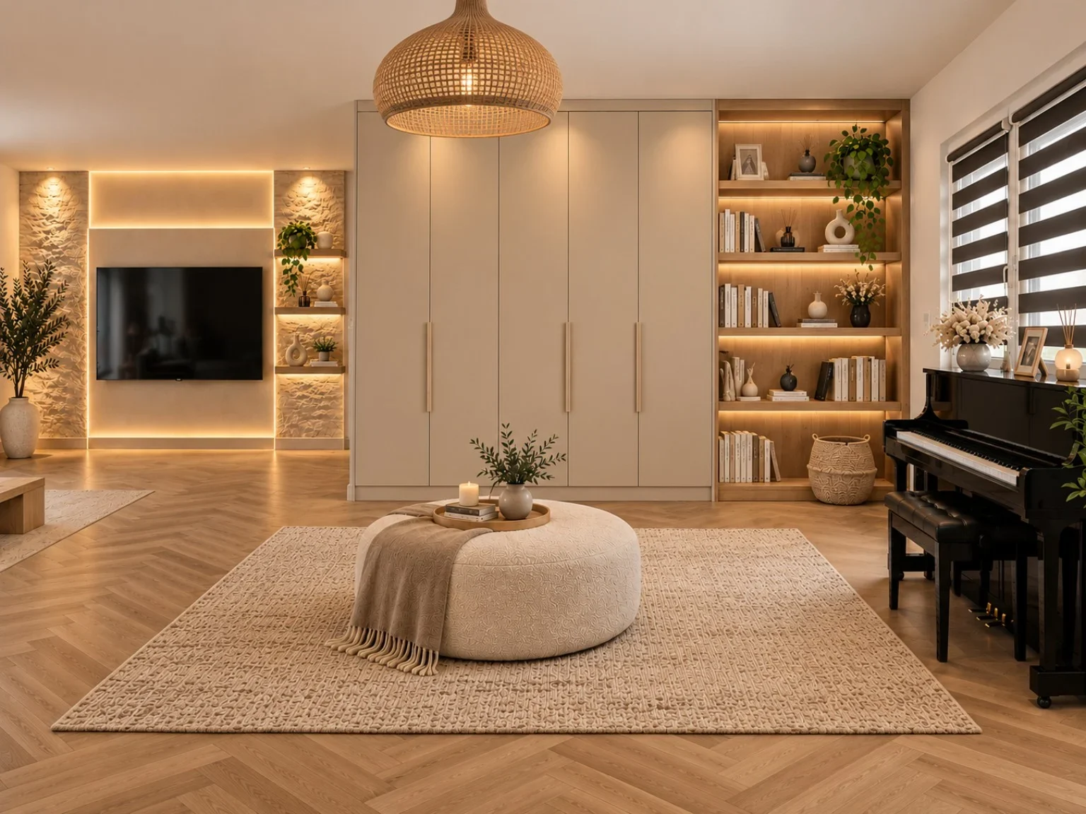Intérieur chaleureux avec bibliothèque, piano et finitions murales